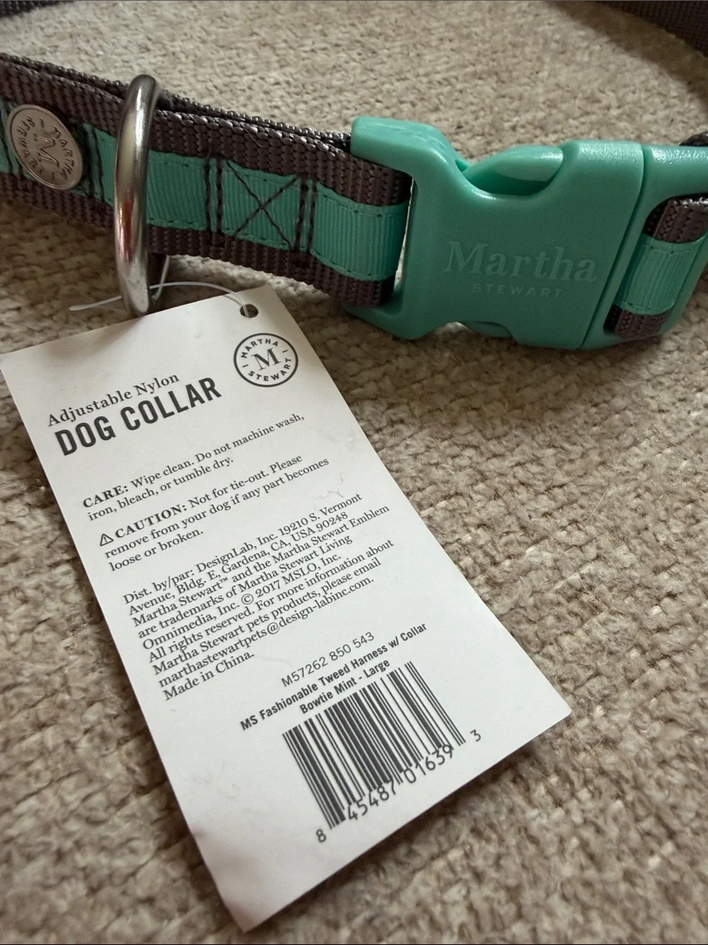 NWT Martha Stewart Mint and Gray Adjustable Nylon Dog Collar w/ Teal Snap Buckle